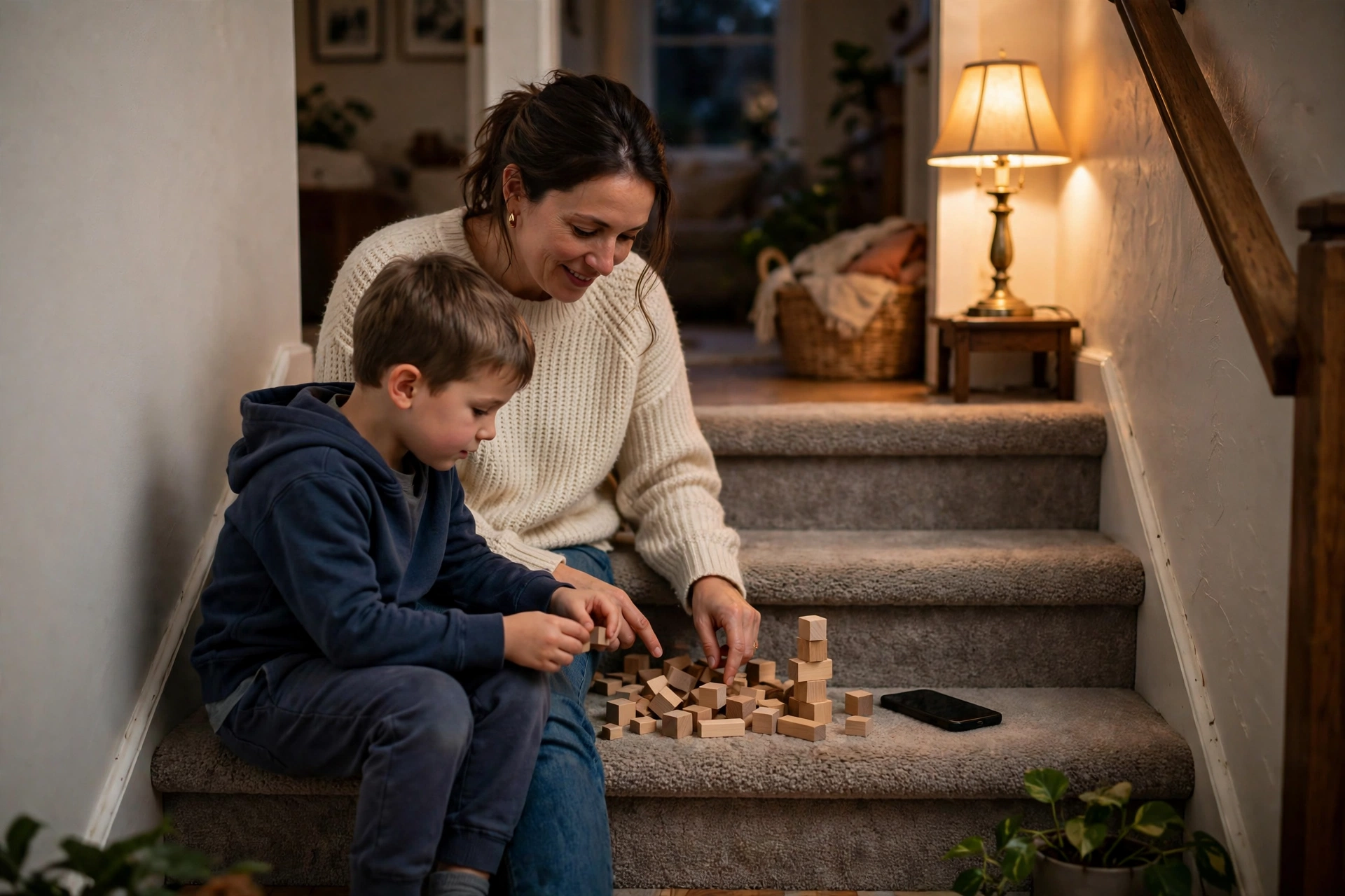A mother and her son on the stairs at home in the evening, counting wooden blocks together